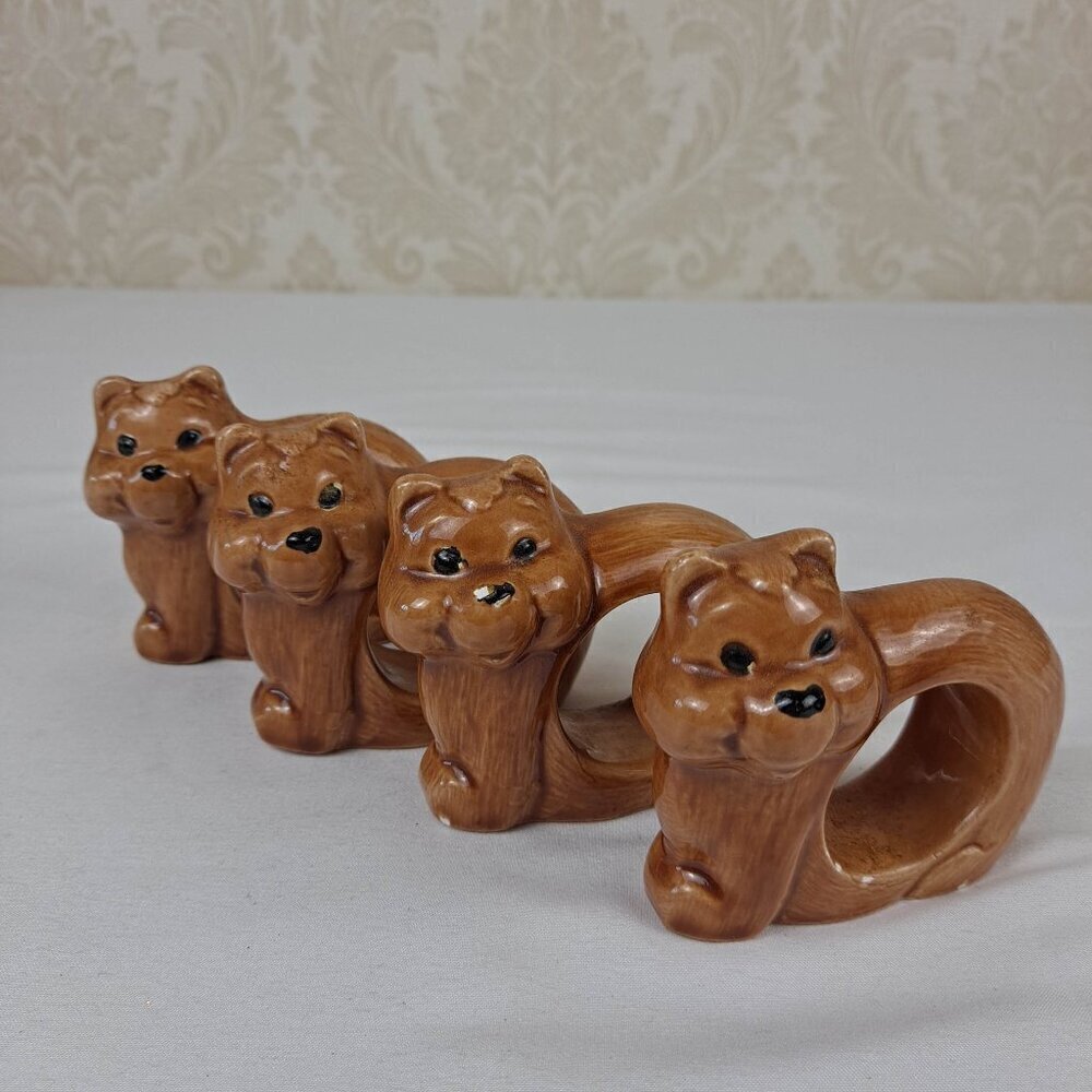 Set of 4 Ceramic Napkin Rings Brown Bears with Black Accents Vintage